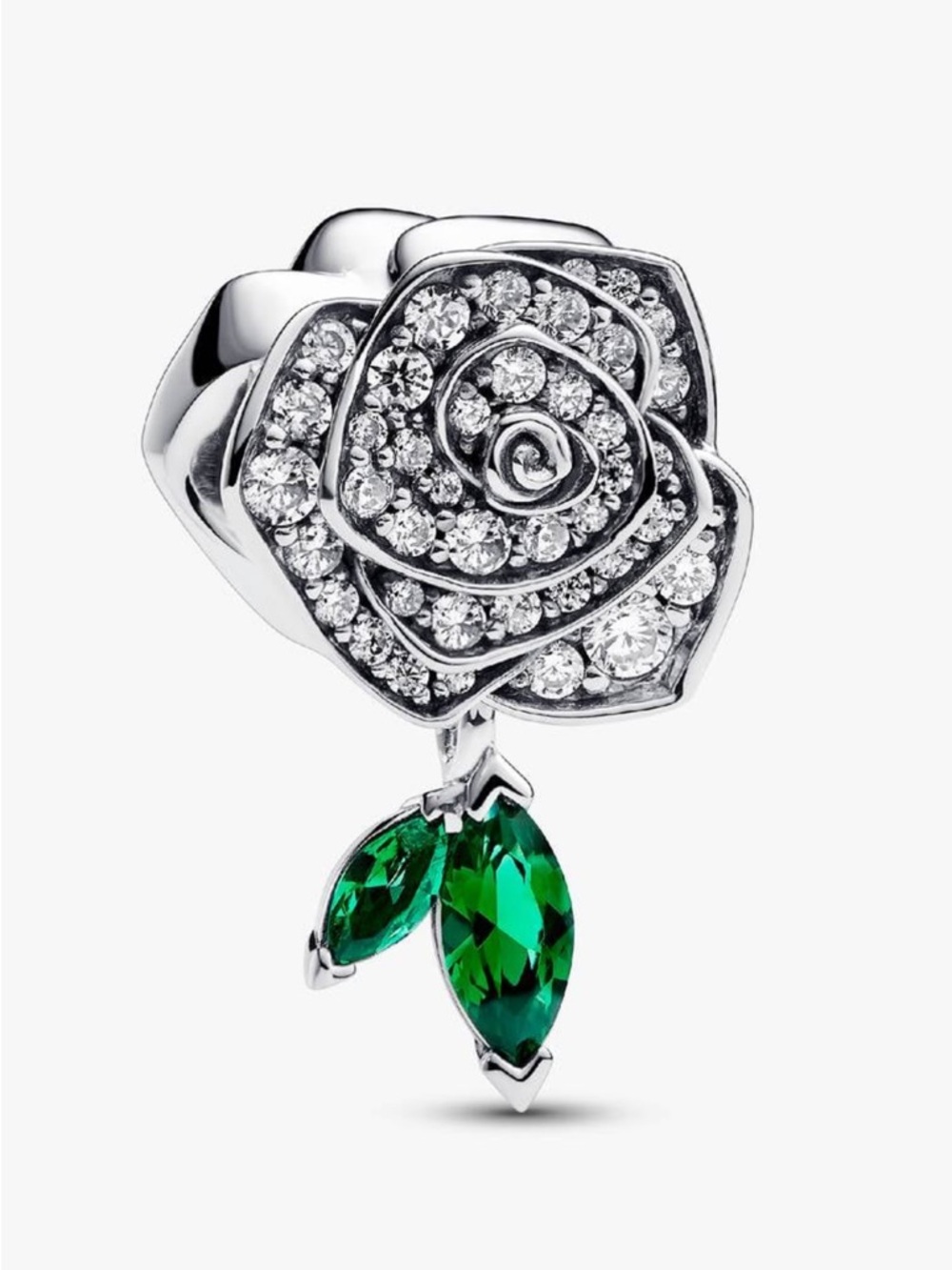 Pandora Sterling Silver Sparkling Rose in Bloom Charm Clear CZ Green Crystal